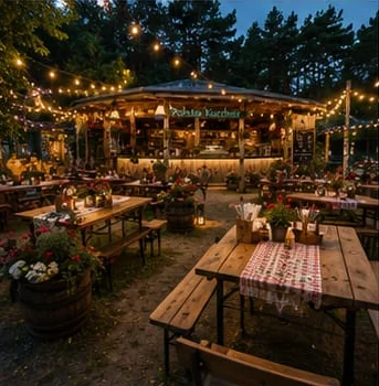 Festival kitchen and communal tables