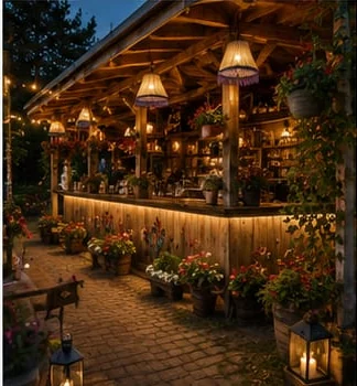 Warmly lit wooden festival kitchen