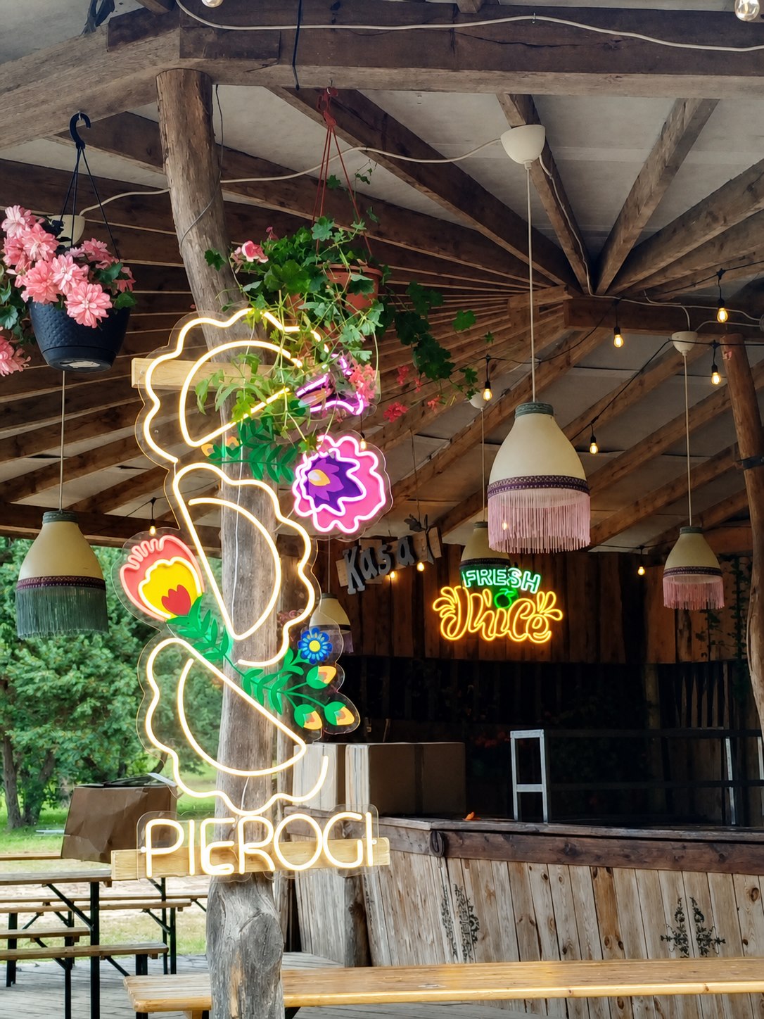 The real pierogi neon sign inside Polish Kitchen